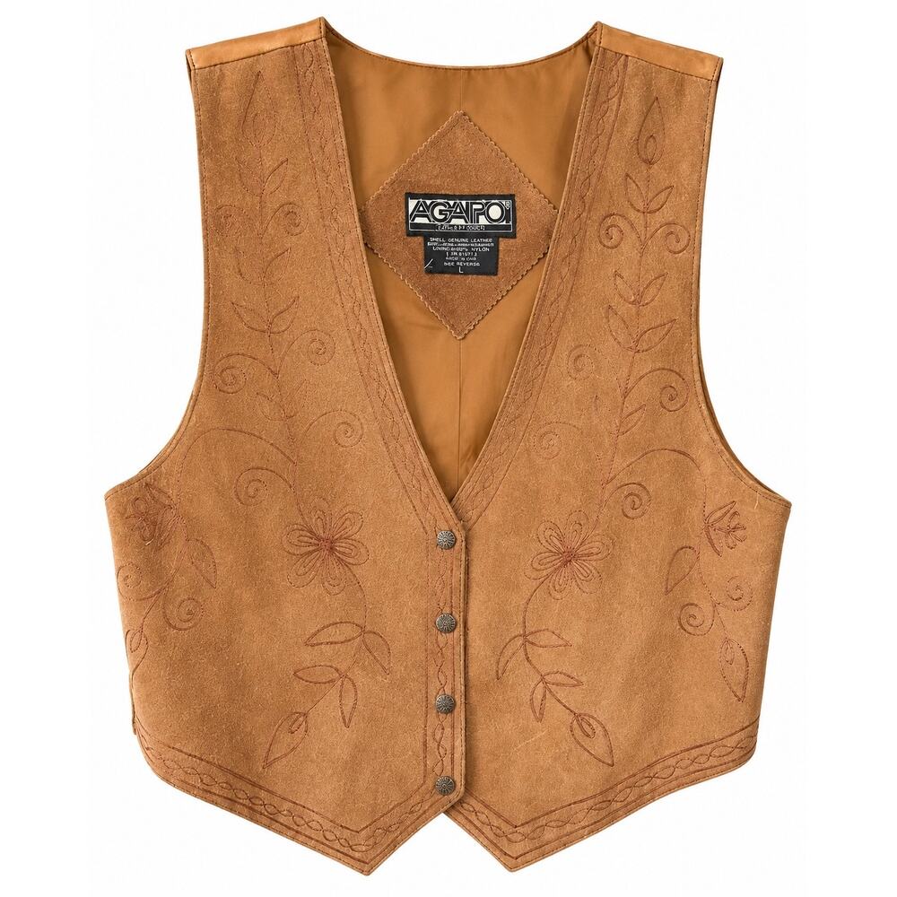 Vintage AGAPO Leather Vest Womens Large Western Boho Cowgirl Rodeo Embroidered